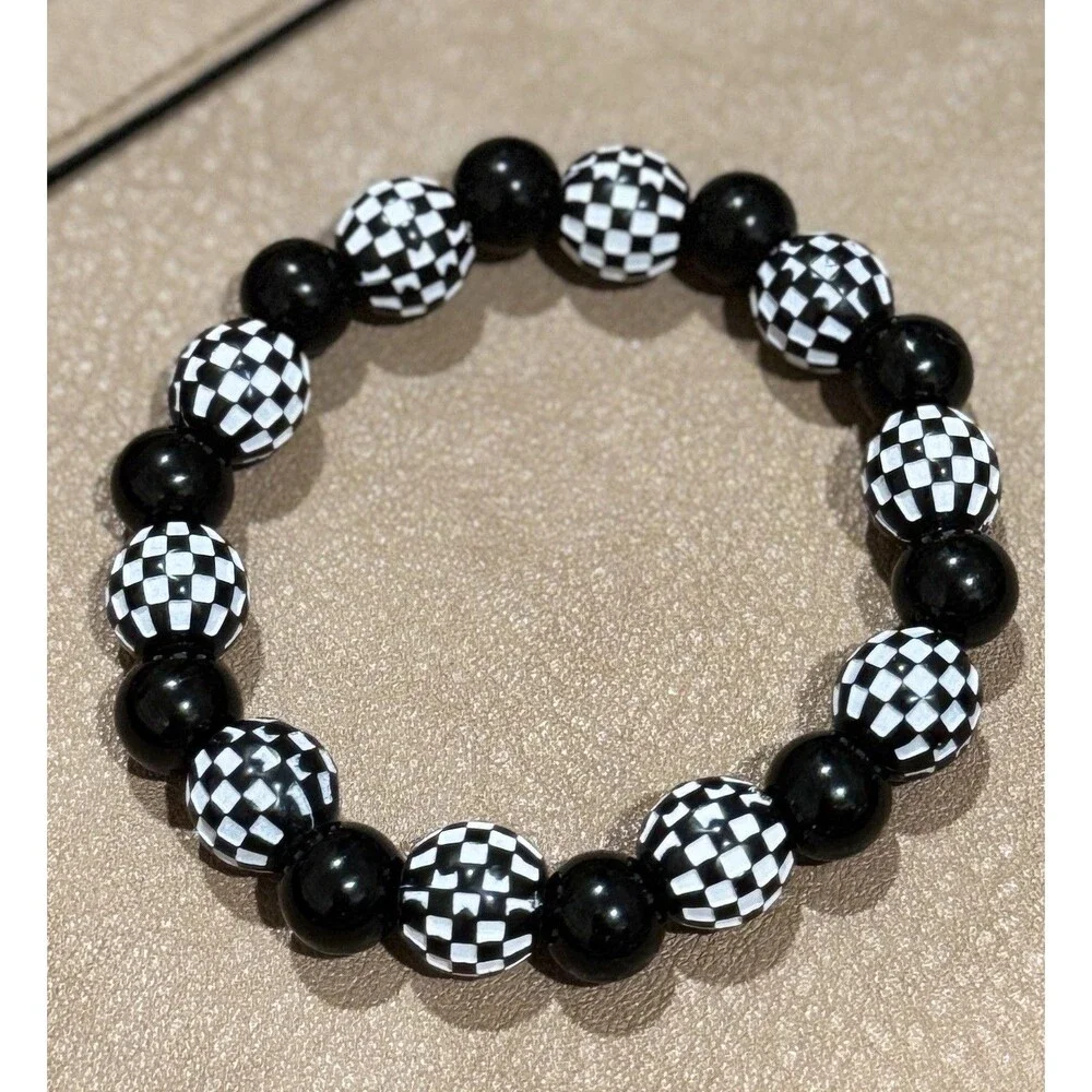 Black White Harlequin Beaded Stretch Bracelet Checkerboard Retro Goth